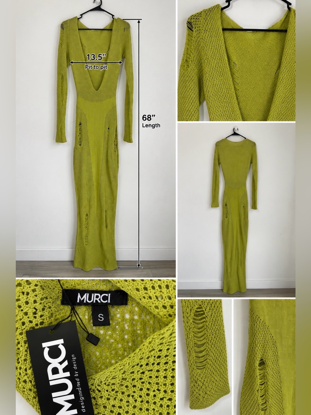 NWT MURCI Lime Green Distressed Open Knit Maxi Dress, Small